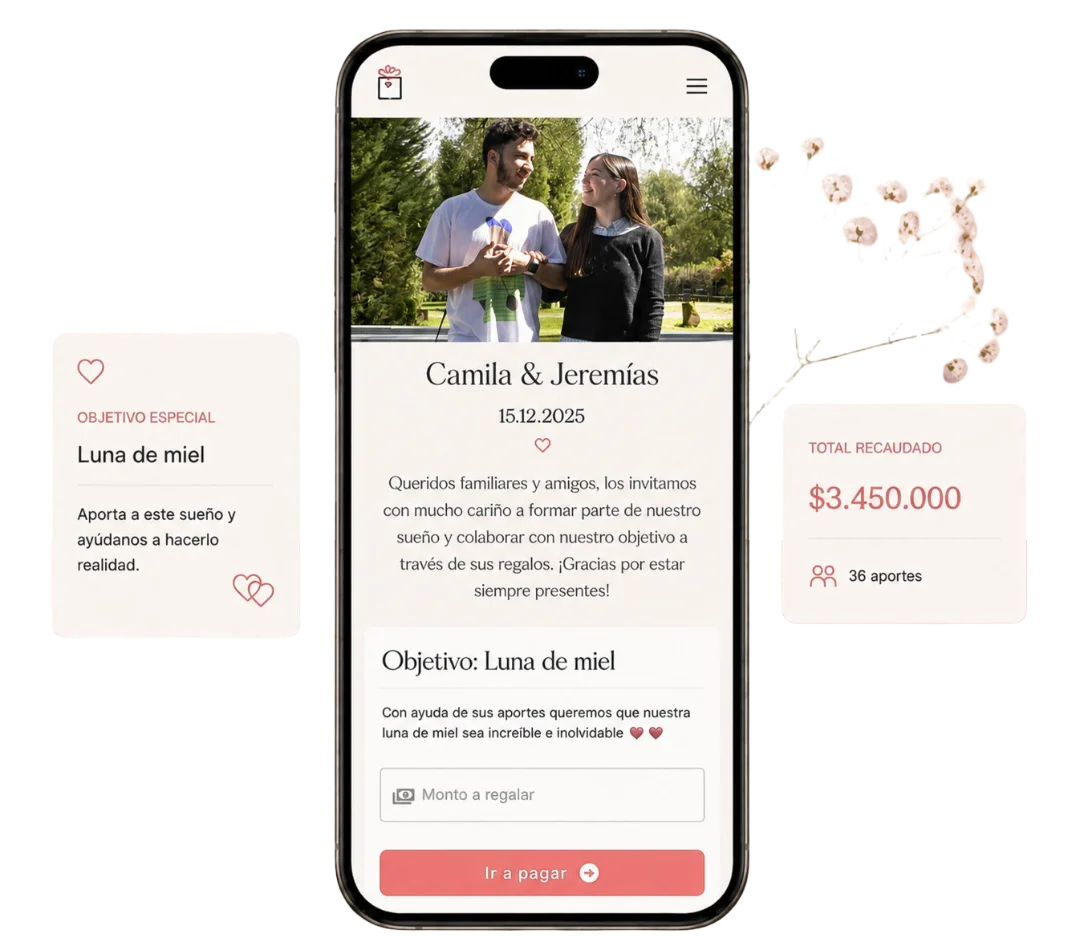 Regalos a un propósito para novios: meta como luna de miel con aportes en dinero en RegalaUnDeseo