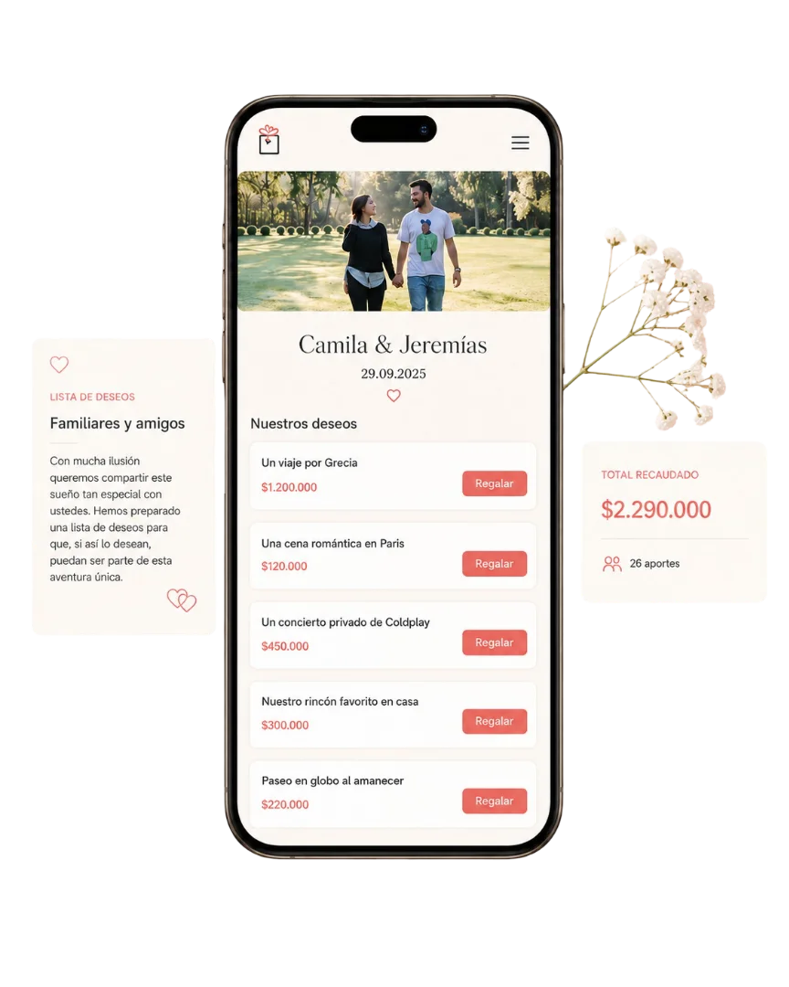 Lista de deseos para novios en Chile con regalos simbólicos, botón Regalar y total recaudado en RegalaUnDeseo